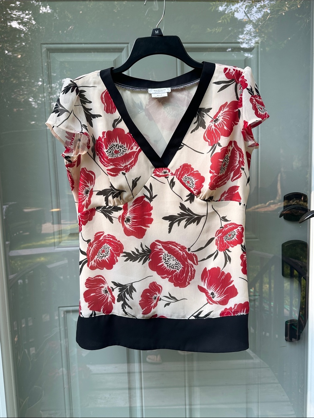 Red Floral V-Neck Cap Sleeve Blouse - size M